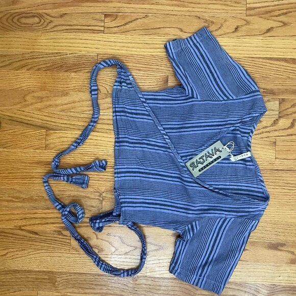 Fair Trade Boho Striped Cotton Cropped Wrap Top with Tie Waist Purple Striped - Picture 6 of 14